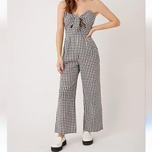 black white gingham print tie knot sleeveless cut out wide leg jumpsuit size L